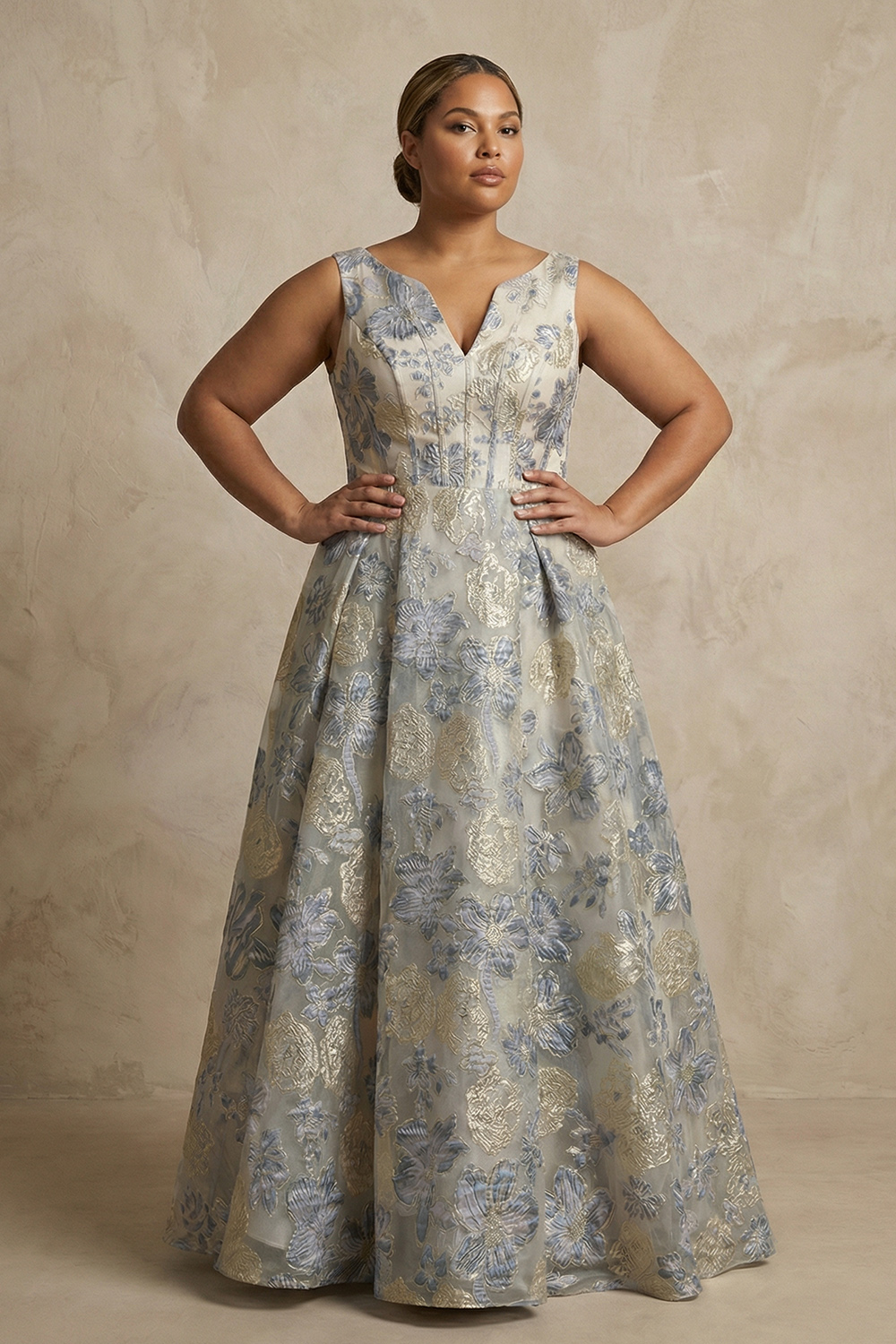 Dusty Blue Jacquard Corset V-Neck A Line Long Mother of the Bride Dress