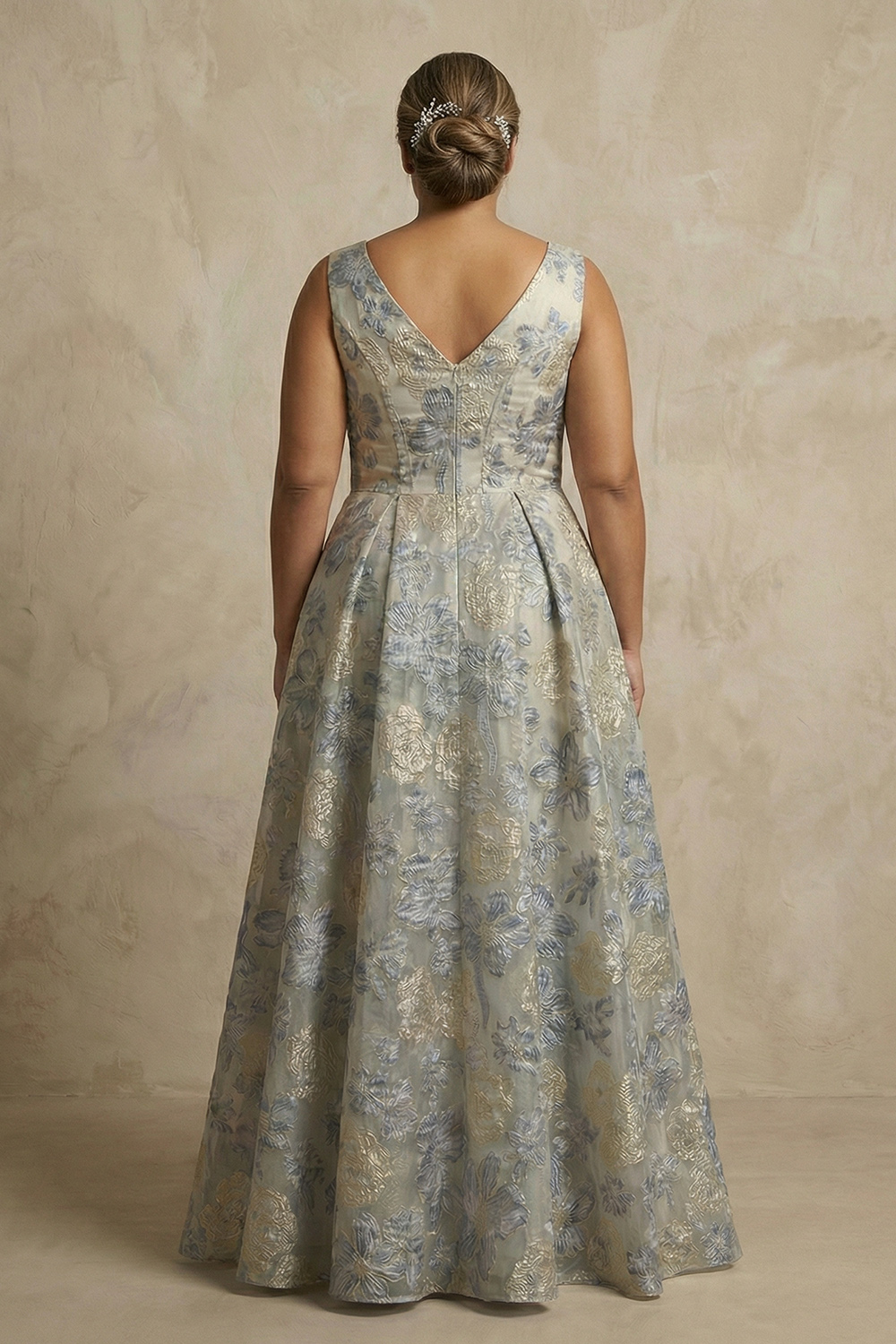 Dusty Blue Jacquard Corset V-Neck A Line Long Mother of the Bride Dress