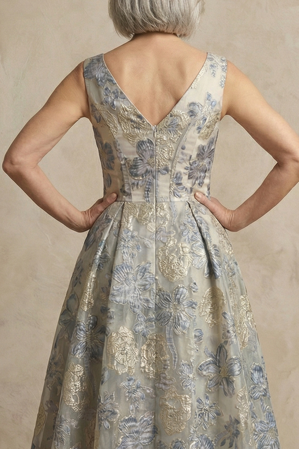 Dusty Blue Jacquard Corset V-Neck A Line Long Mother of the Bride Dress
