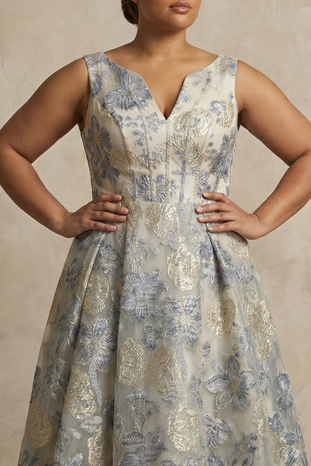 Dusty Blue Jacquard Corset V-Neck A Line Long Mother of the Bride Dress