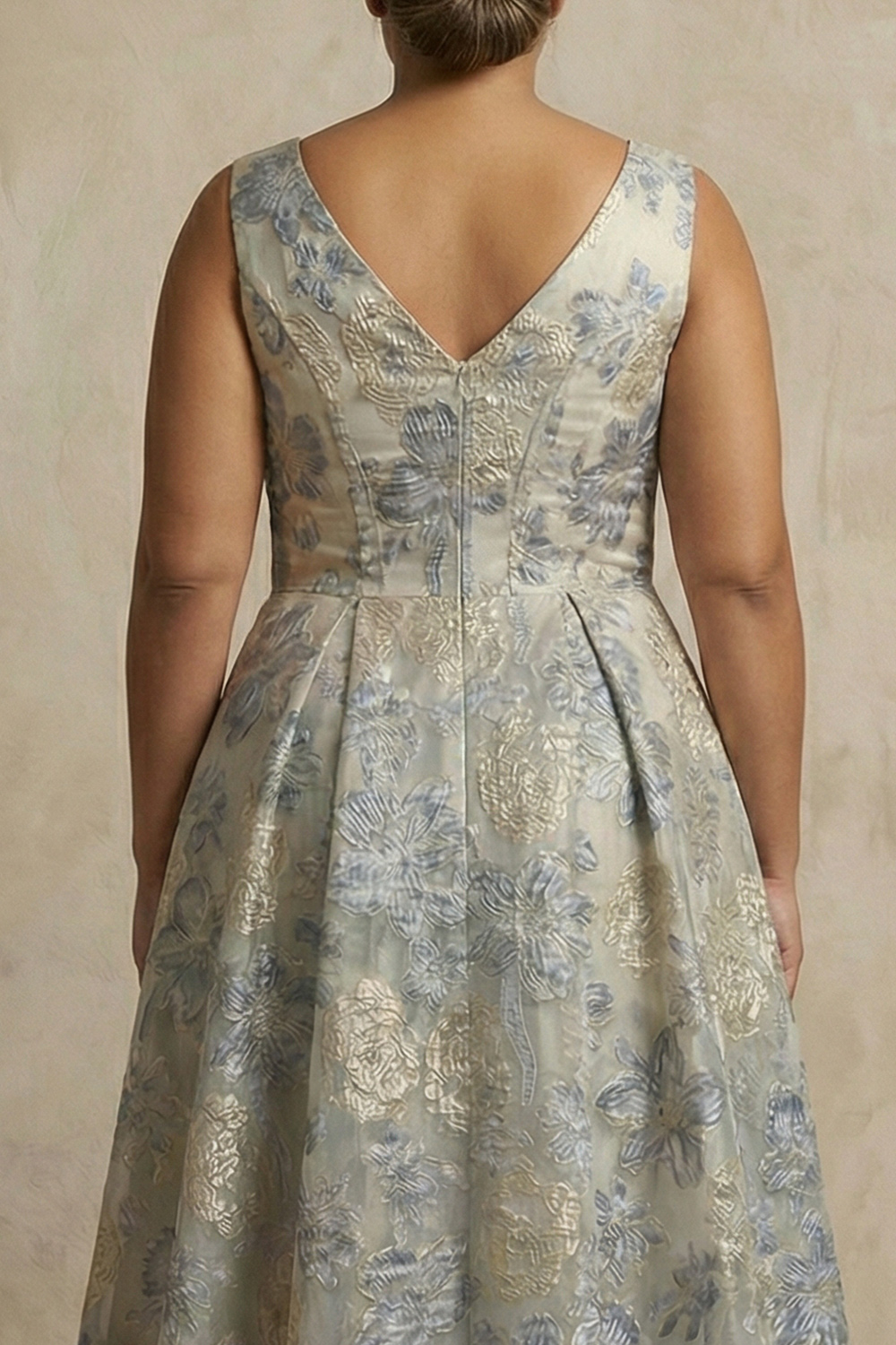 Dusty Blue Jacquard Corset V-Neck A Line Long Mother of the Bride Dress