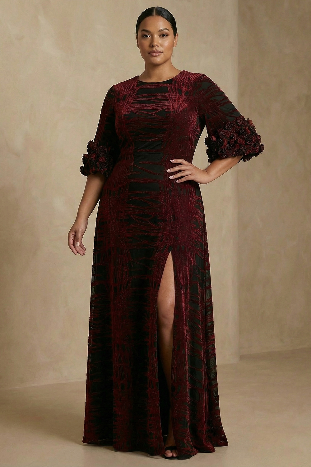 Burgundy Velvet Floral Sheath Long Mother of the Bride Dress with Slit