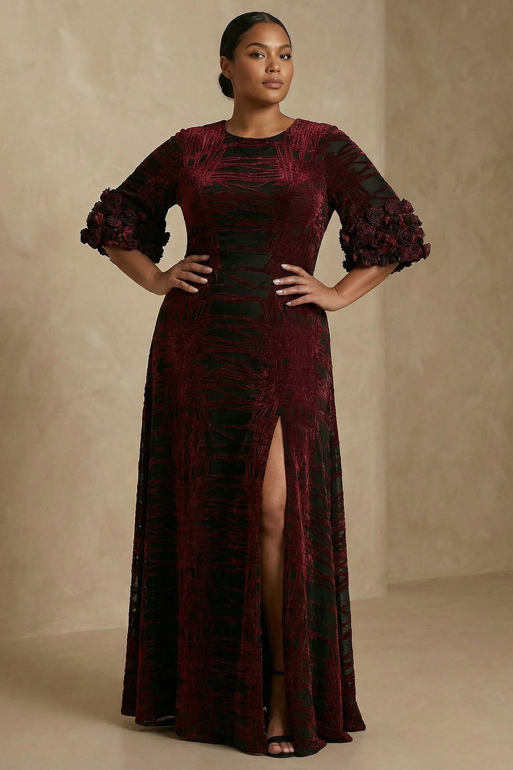 Burgundy Velvet Floral Sheath Long Mother of the Bride Dress with Slit