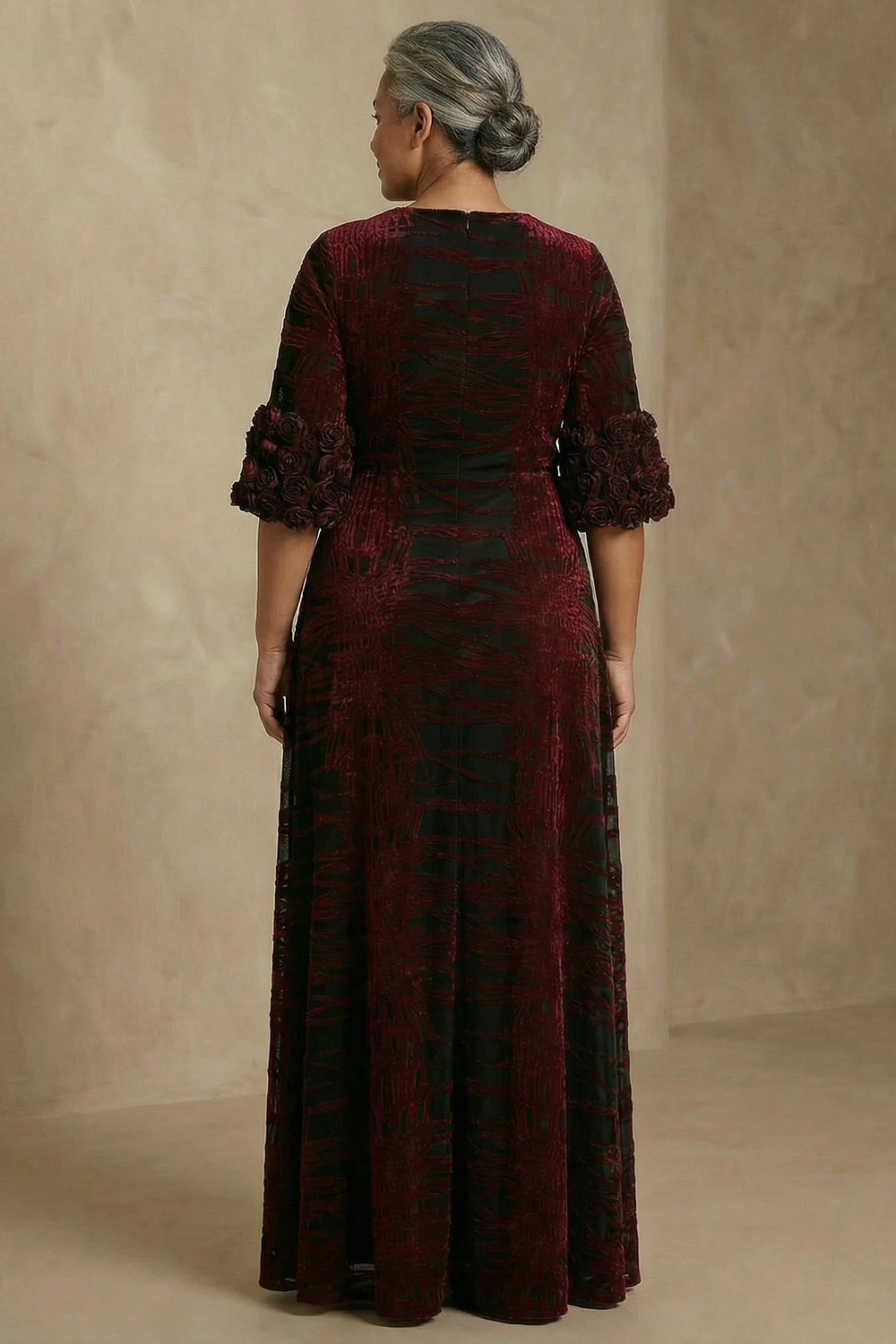 Burgundy Velvet Floral Sheath Long Mother of the Bride Dress with Slit