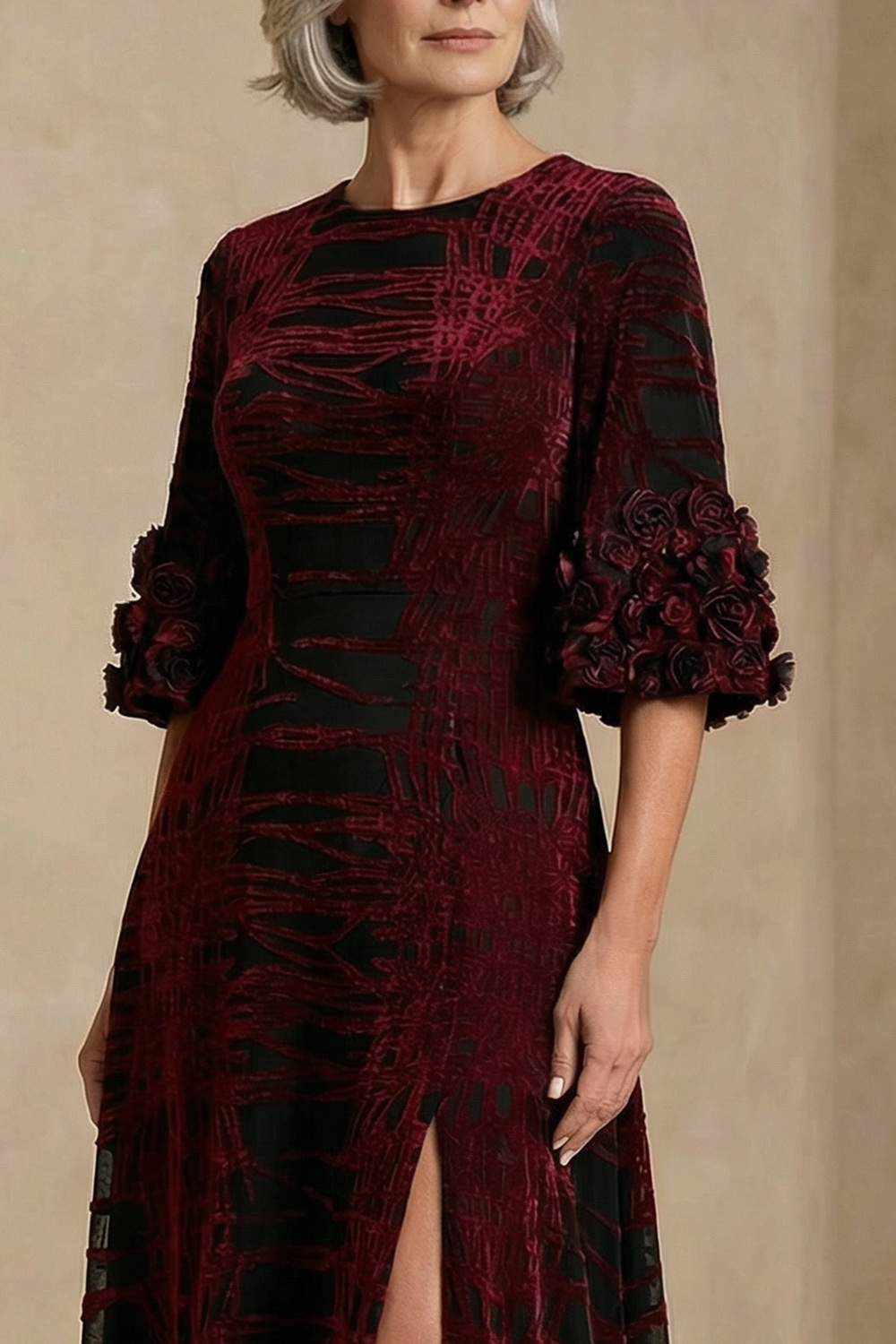 Burgundy Velvet Floral Sheath Long Mother of the Bride Dress with Slit
