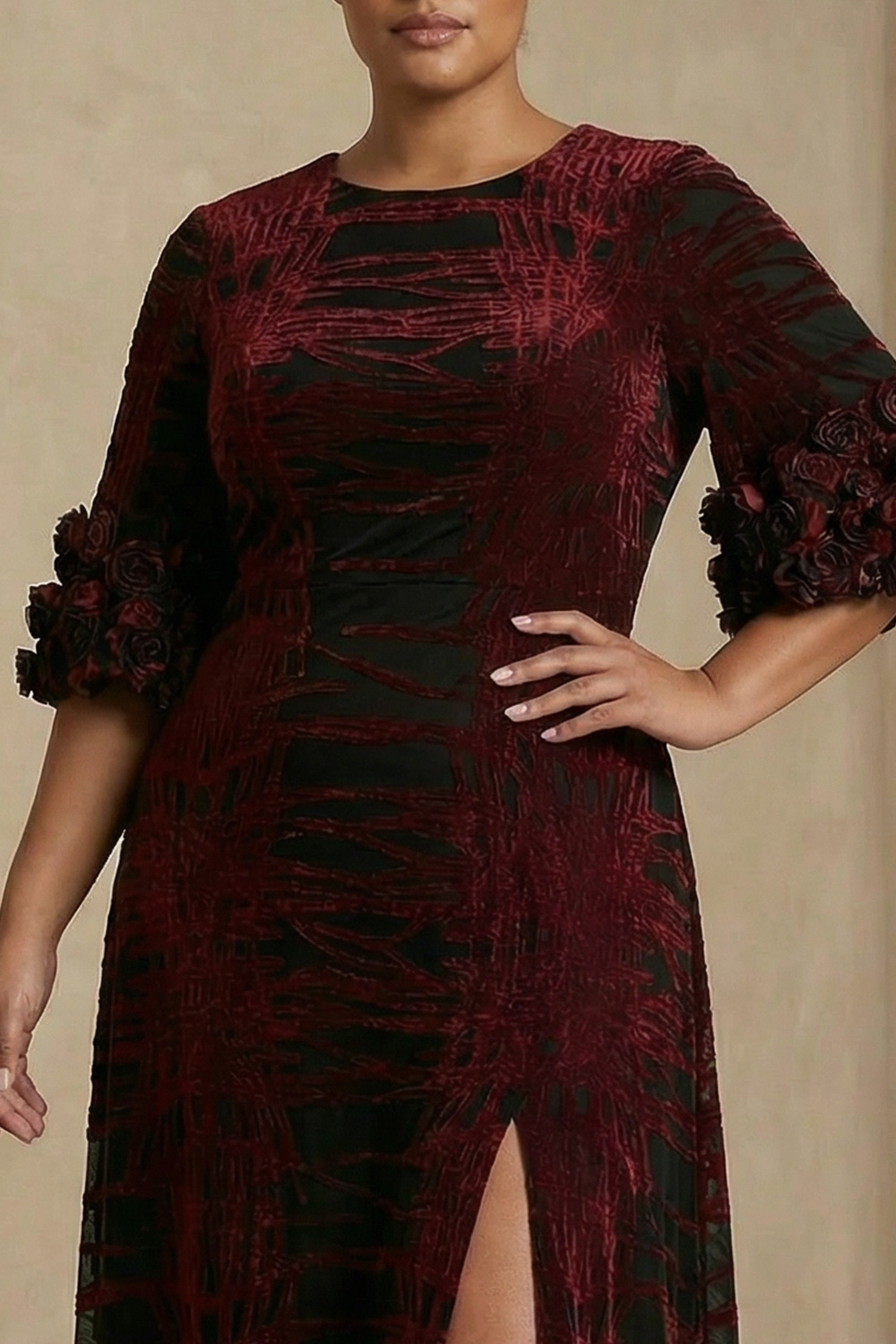 Burgundy Velvet Floral Sheath Long Mother of the Bride Dress with Slit