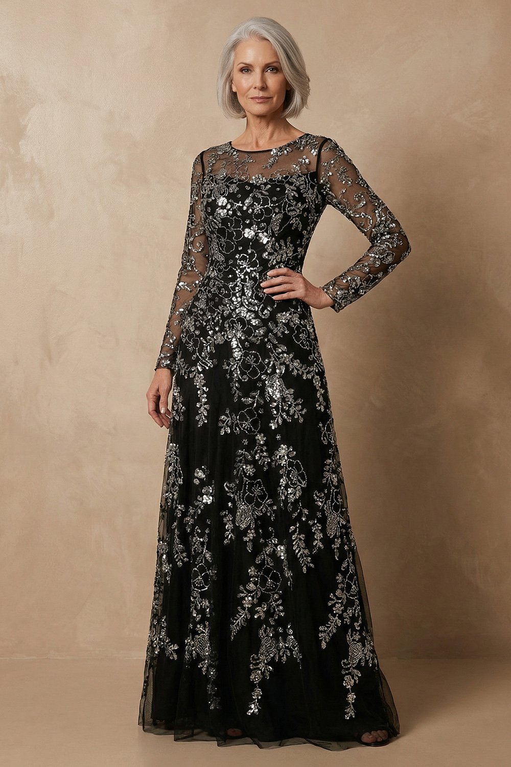 Sparkly Black Floral Sequin Long Sleeves Mother of the Bride Dress