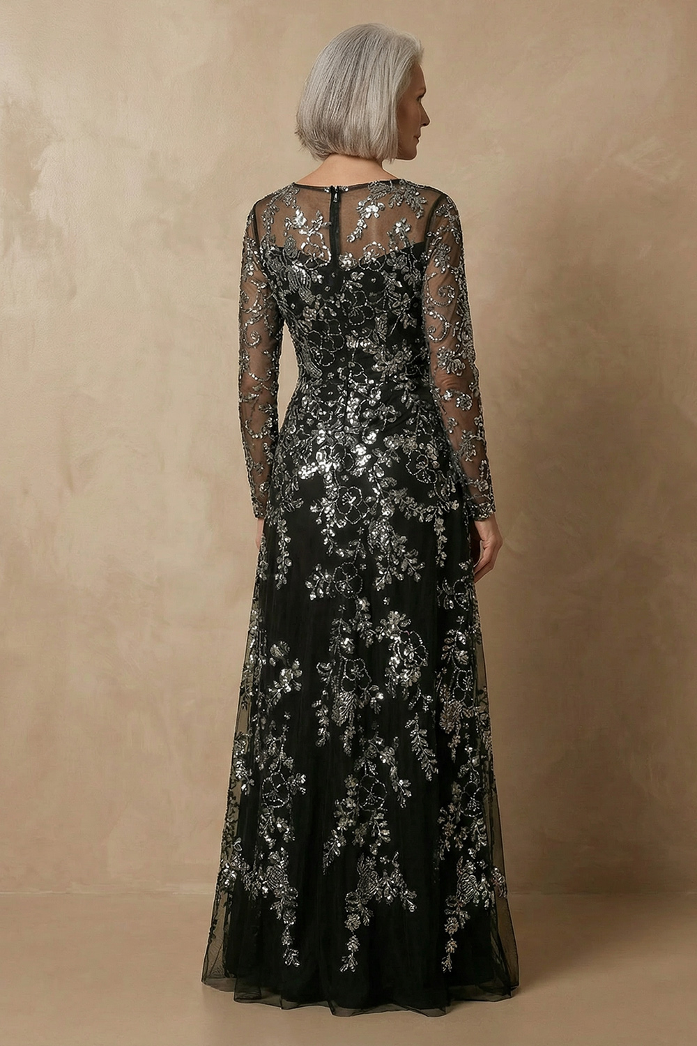 Sparkly Black Floral Sequin Long Sleeves Mother of the Bride Dress