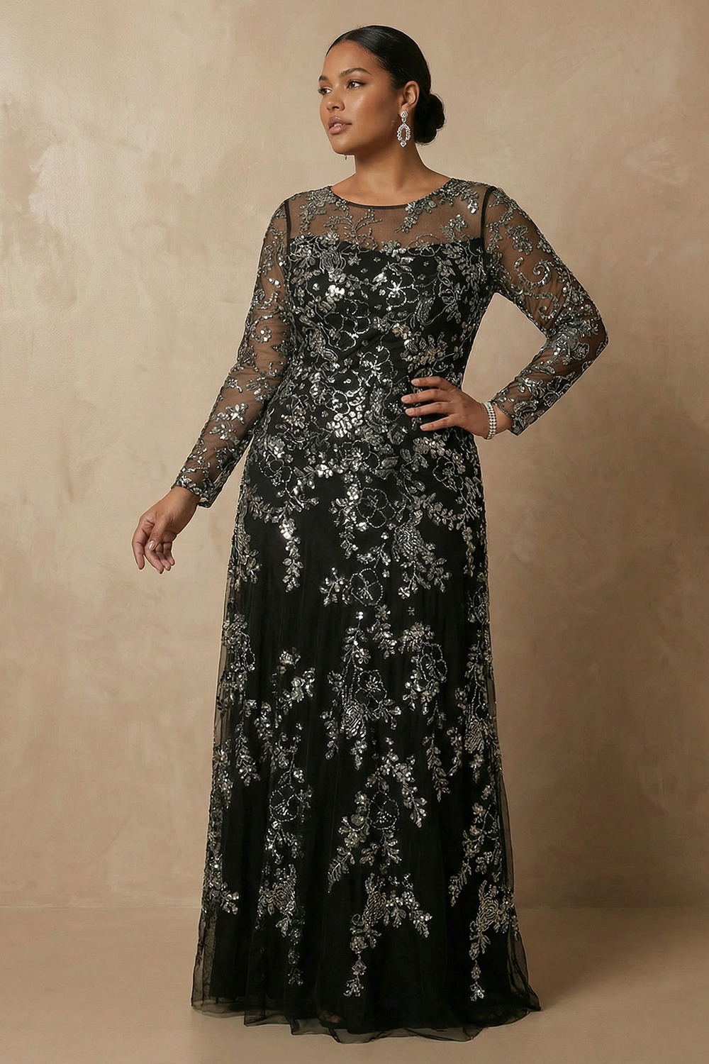 Sparkly Black Floral Sequin Long Sleeves Mother of the Bride Dress