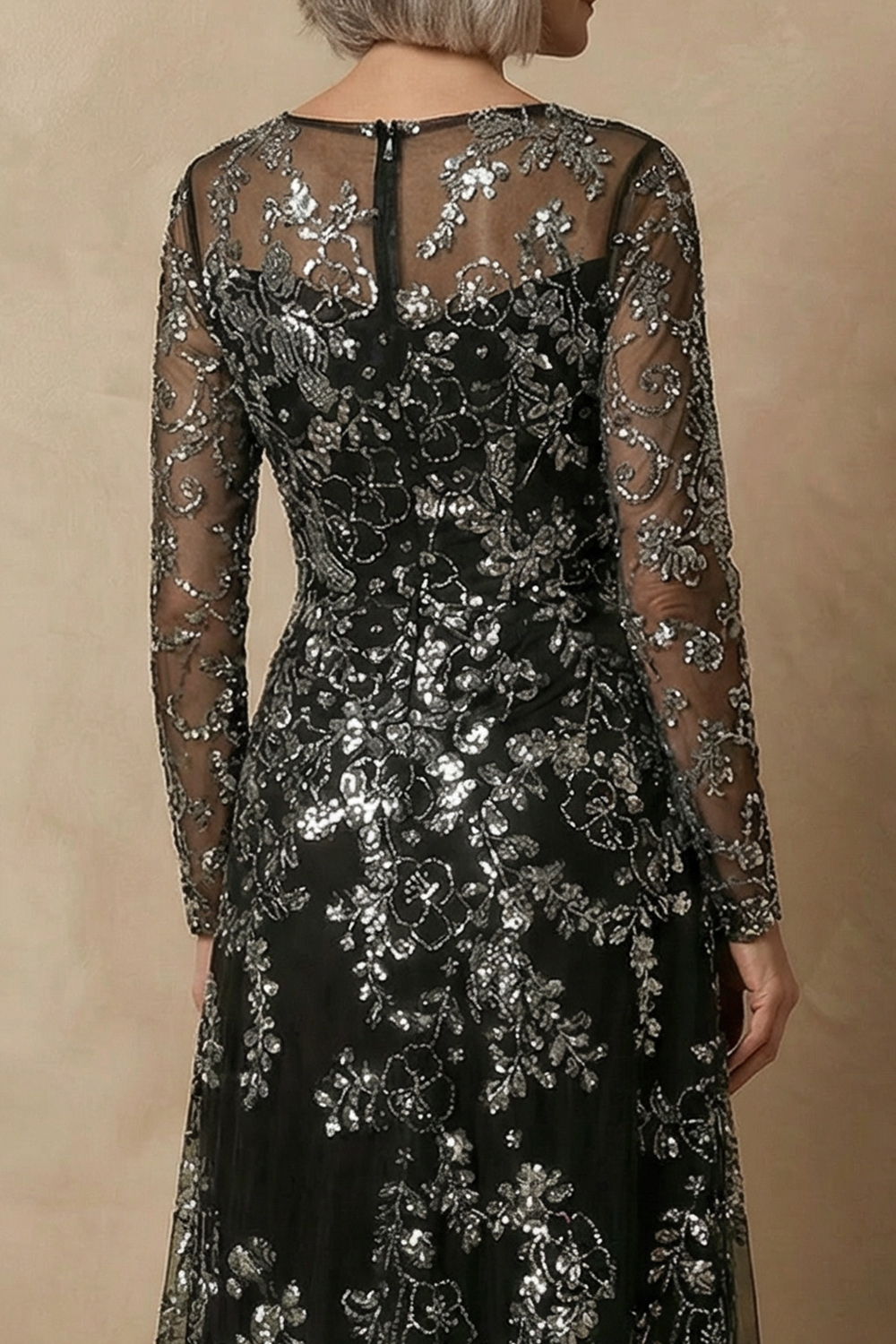 Sparkly Black Floral Sequin Long Sleeves Mother of the Bride Dress