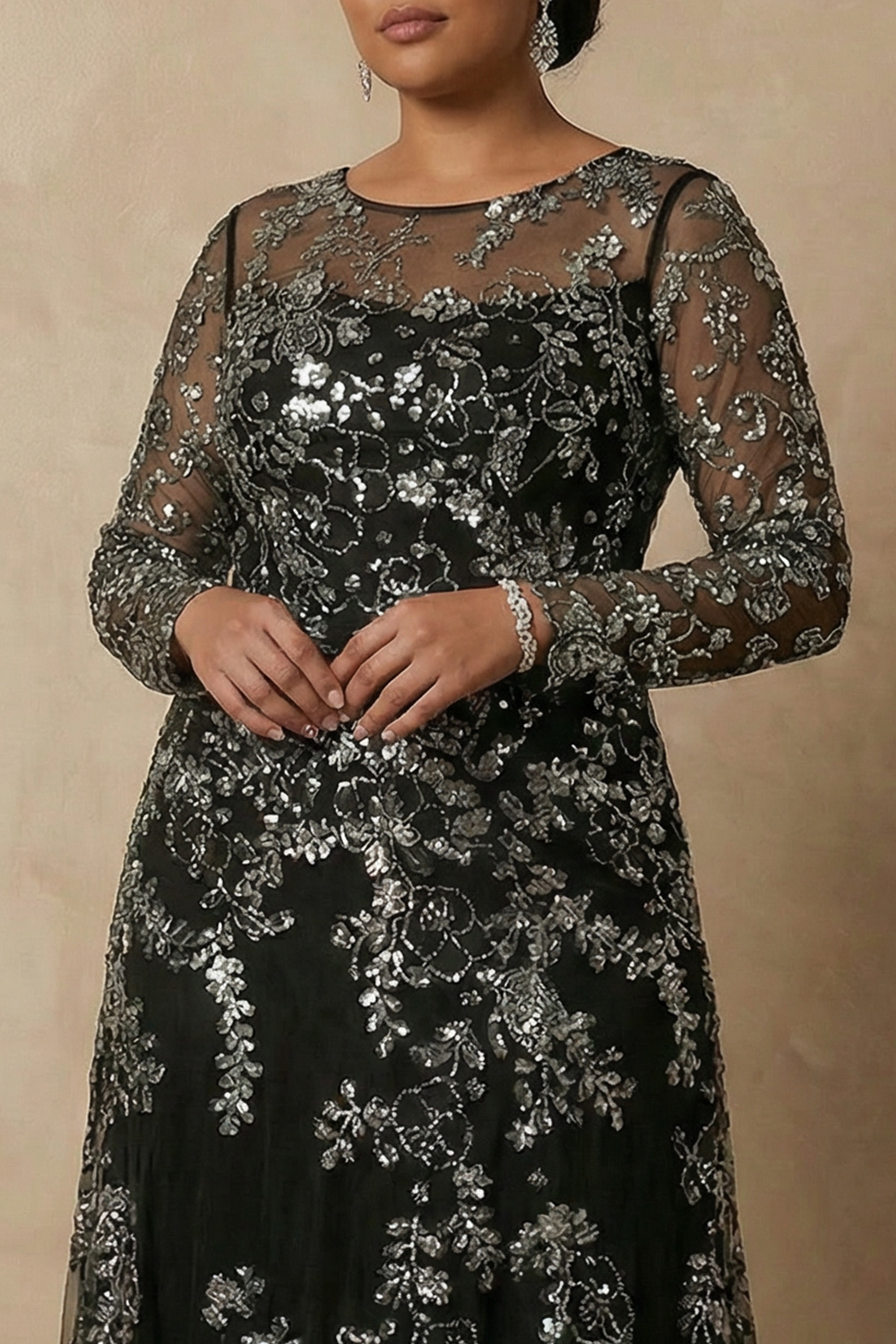 Sparkly Black Floral Sequin Long Sleeves Mother of the Bride Dress