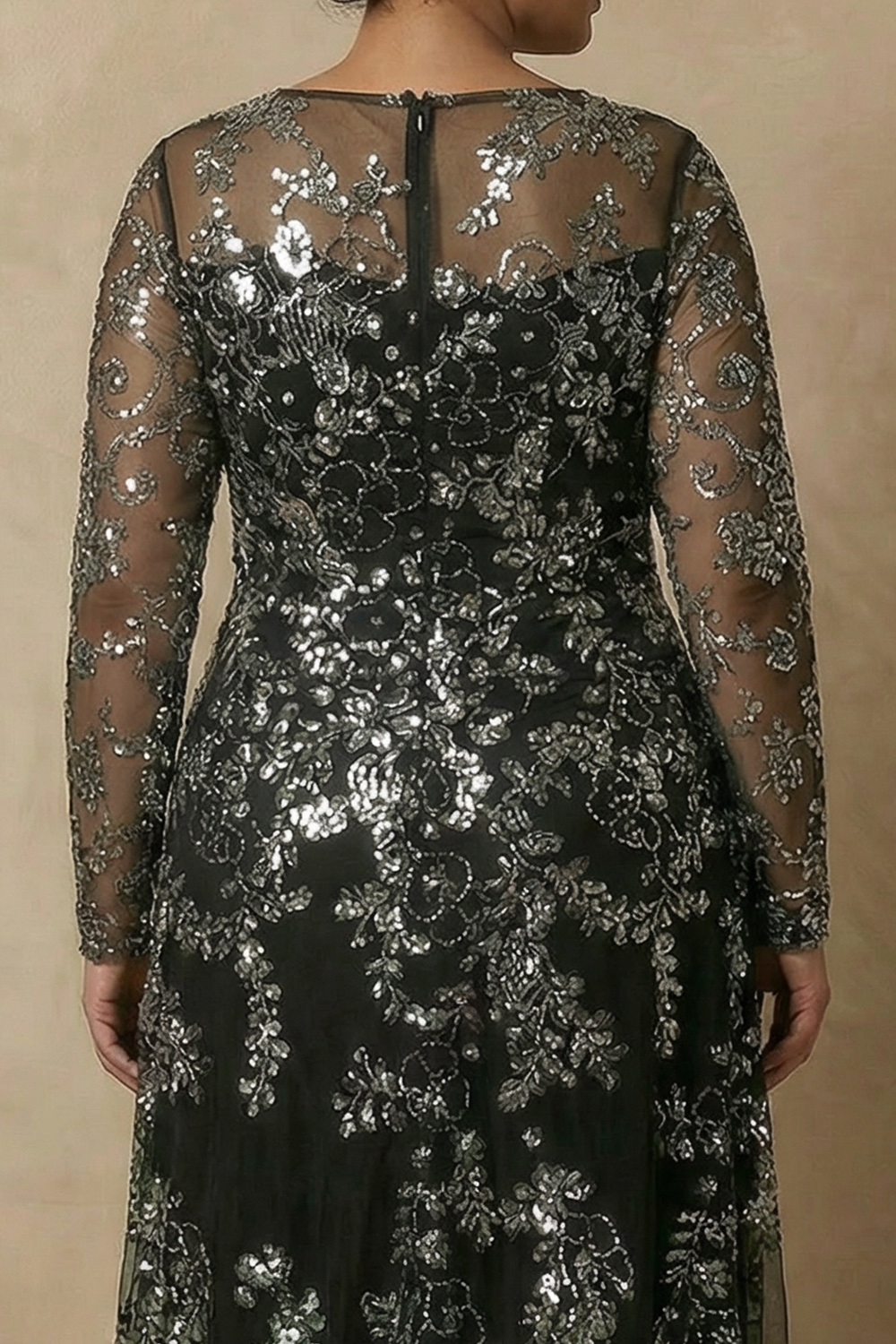 Sparkly Black Floral Sequin Long Sleeves Mother of the Bride Dress