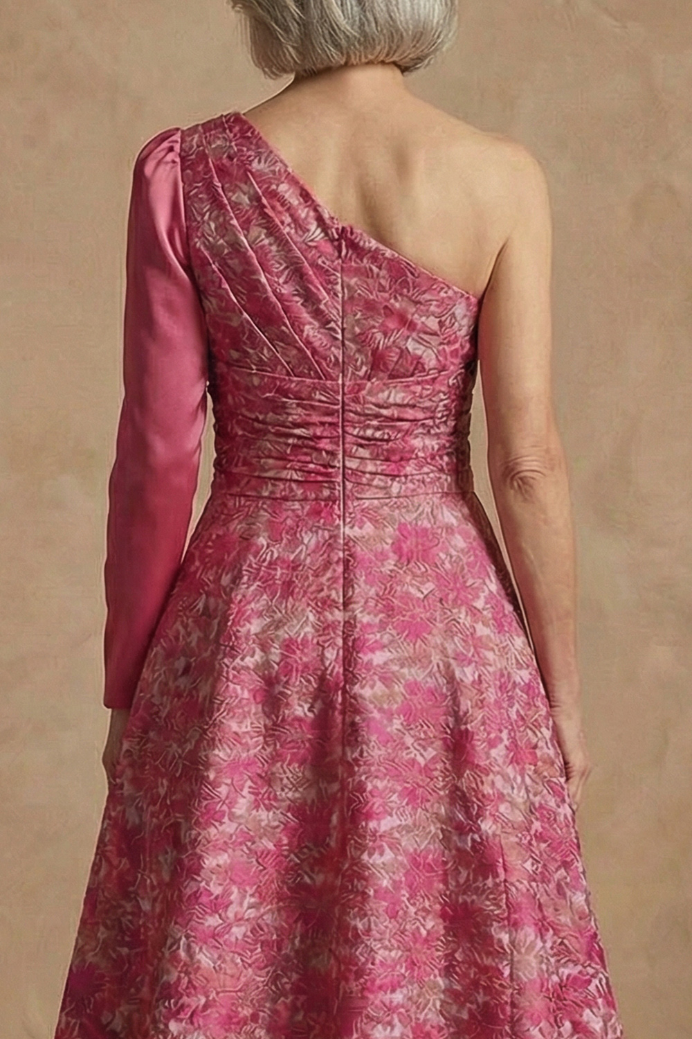 One Shoulder A Line Fuchsia Jacquard Long Sleeve Mother of the Bride Dress