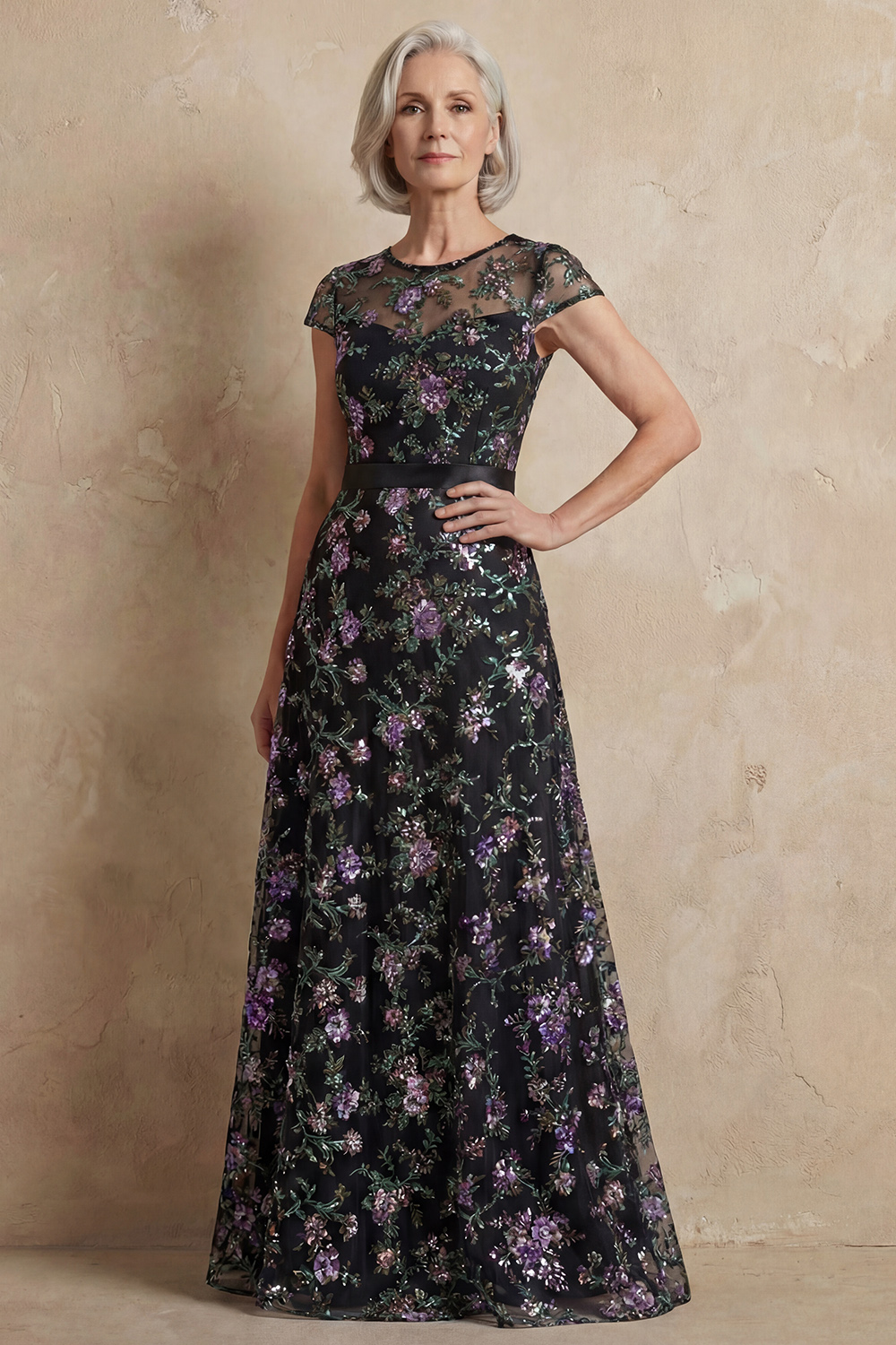 Boat Neck A Line Blue Floral Cap Sleeves Long Mother of the Bride Dress