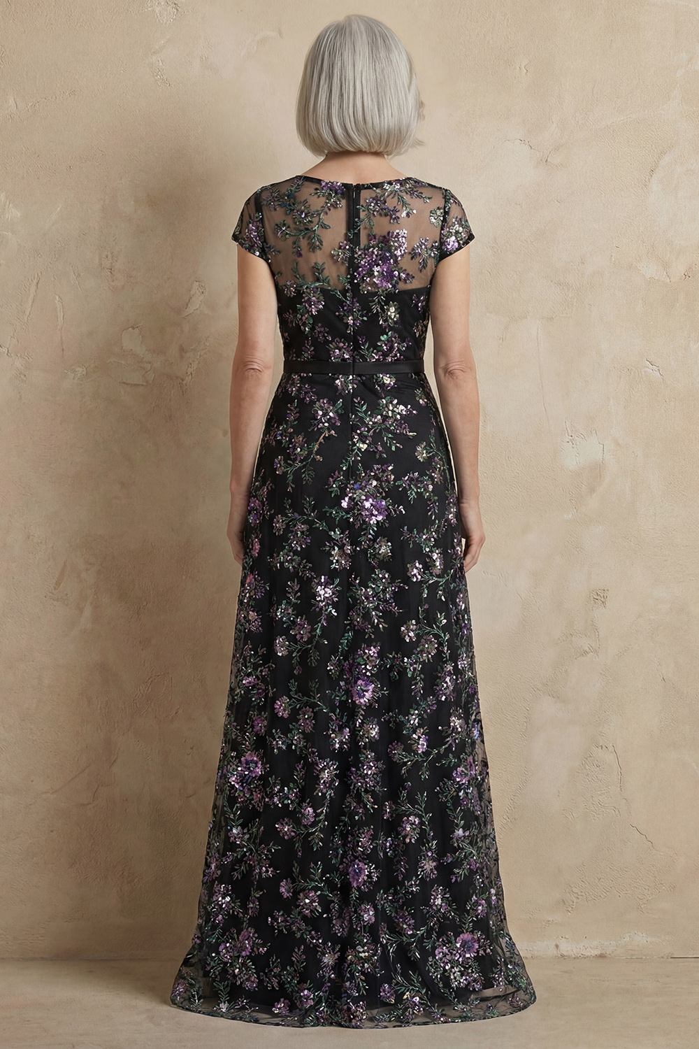 Boat Neck A Line Blue Floral Cap Sleeves Long Mother of the Bride Dress