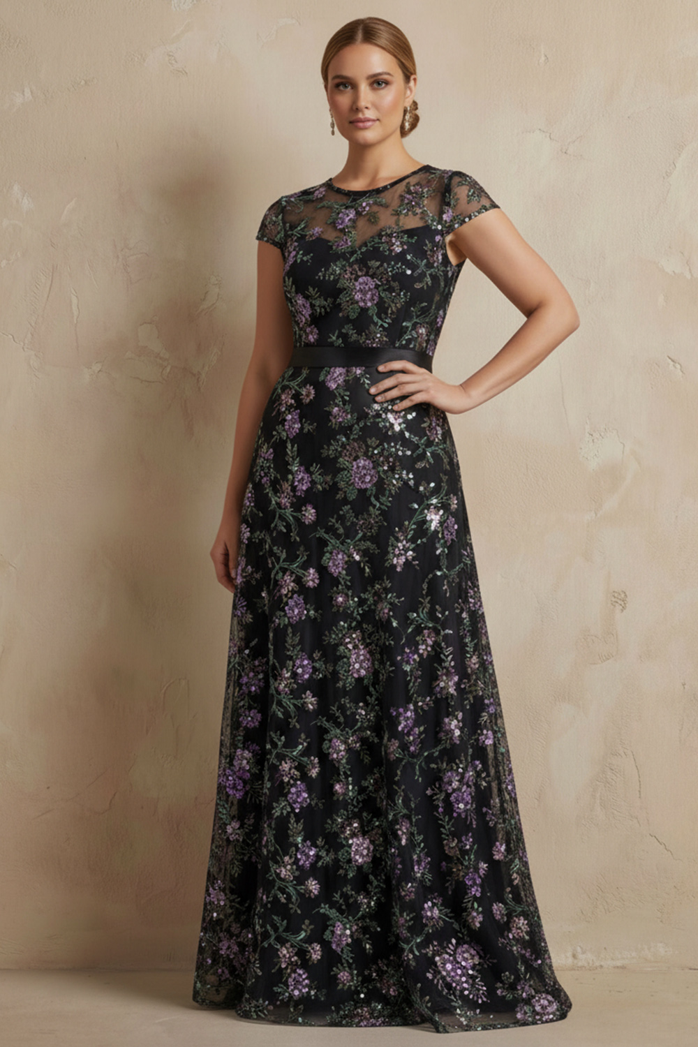 Boat Neck A Line Blue Floral Cap Sleeves Long Mother of the Bride Dress