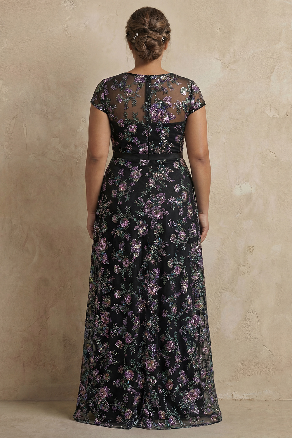 Boat Neck A Line Blue Floral Cap Sleeves Long Mother of the Bride Dress