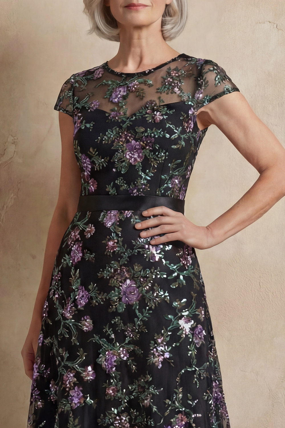 Boat Neck A Line Blue Floral Cap Sleeves Long Mother of the Bride Dress