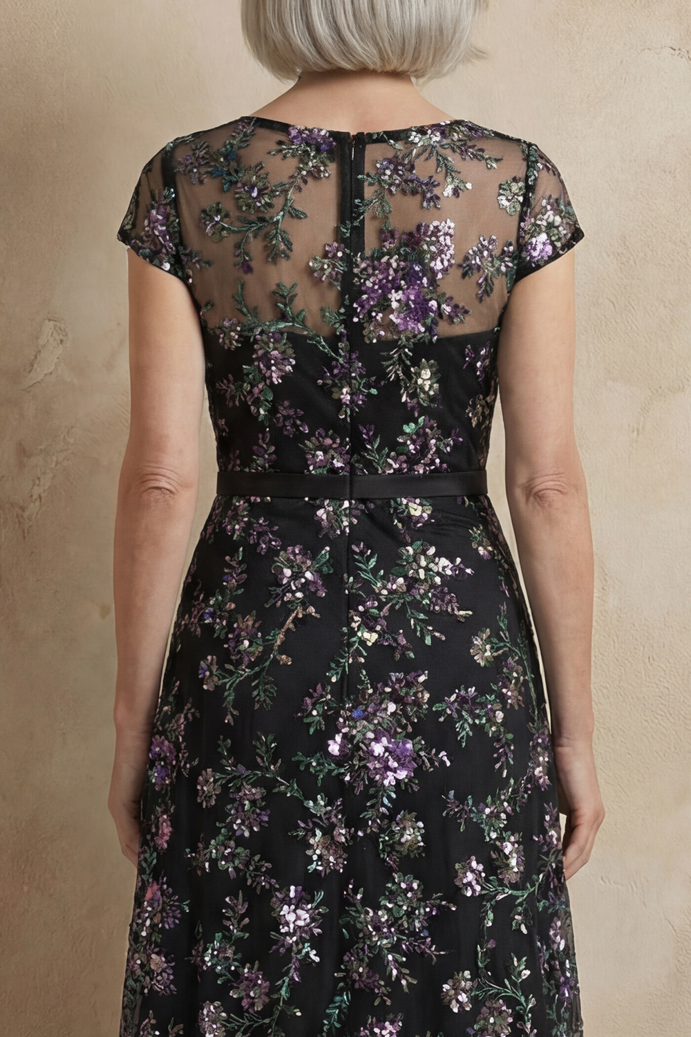 Boat Neck A Line Blue Floral Cap Sleeves Long Mother of the Bride Dress