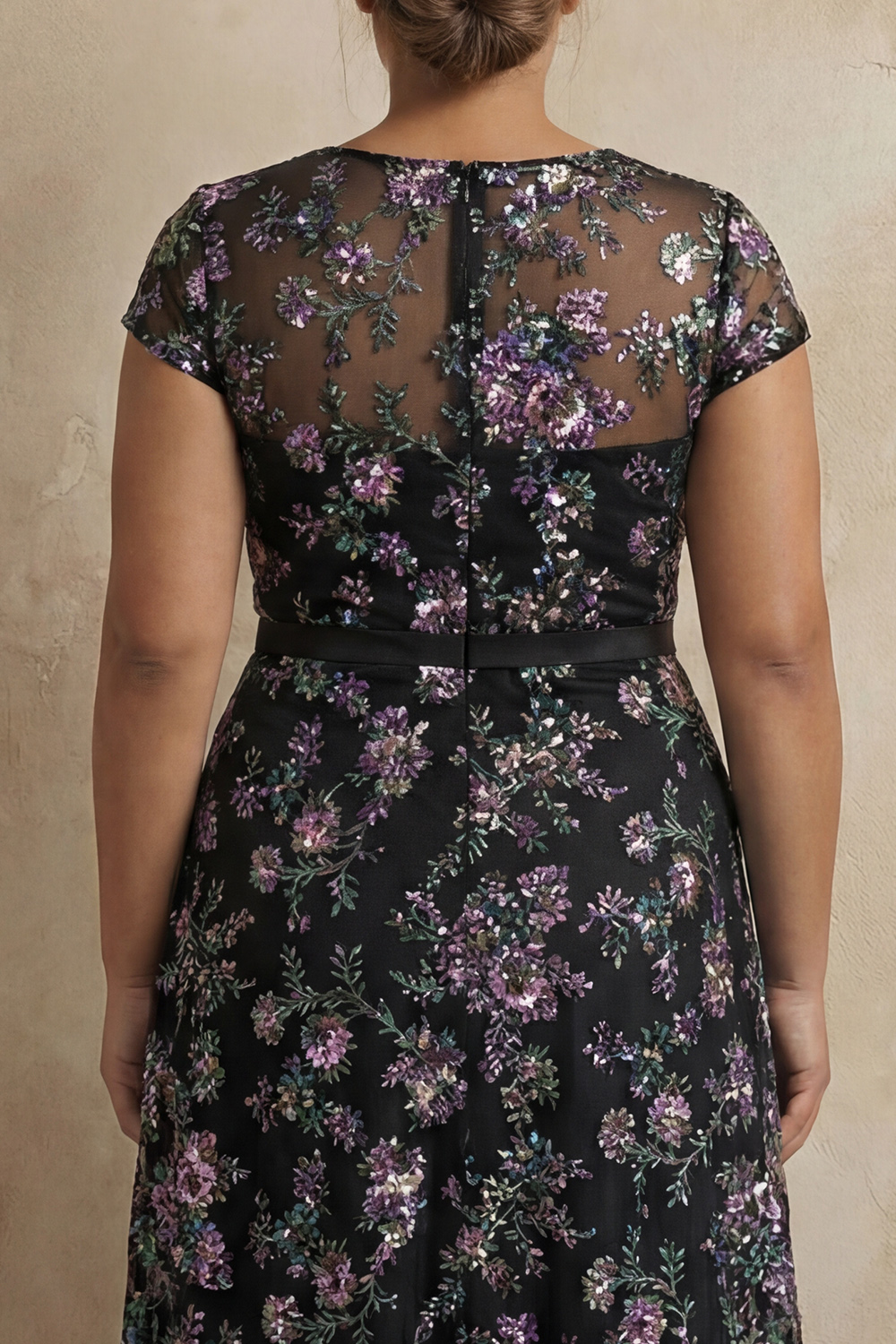 Boat Neck A Line Blue Floral Cap Sleeves Long Mother of the Bride Dress