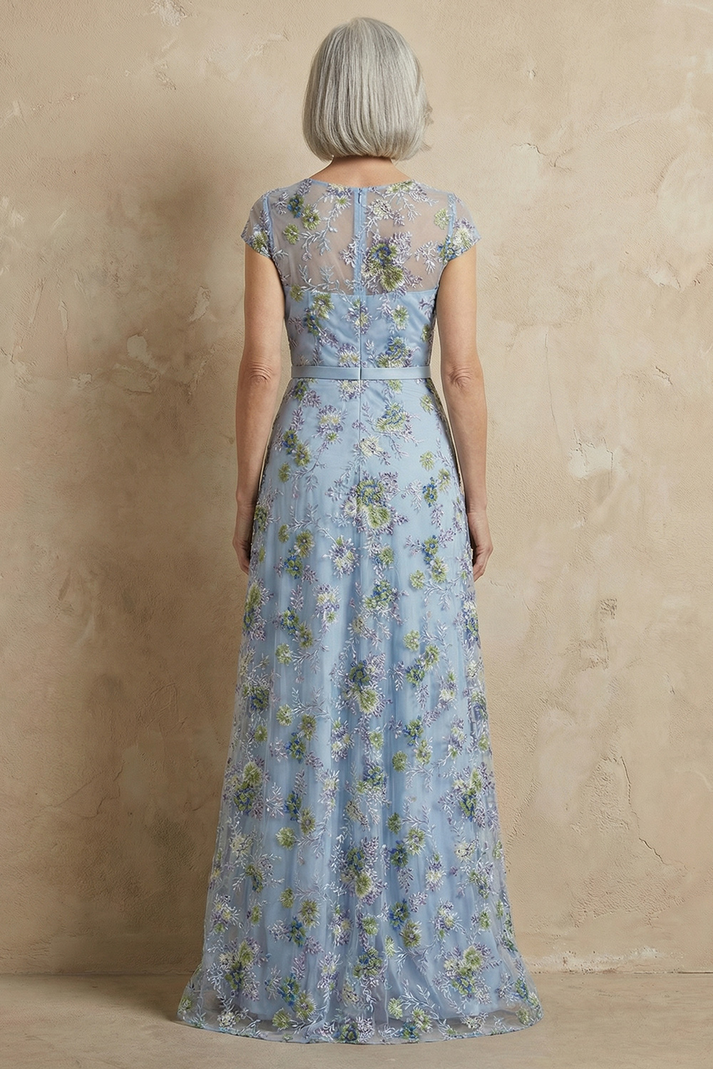 Boat Neck A Line Blue Floral Cap Sleeves Long Mother of the Bride Dress