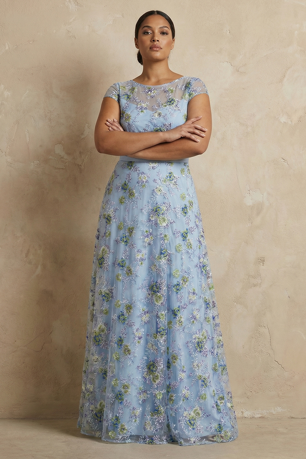 Boat Neck A Line Blue Floral Cap Sleeves Long Mother of the Bride Dress