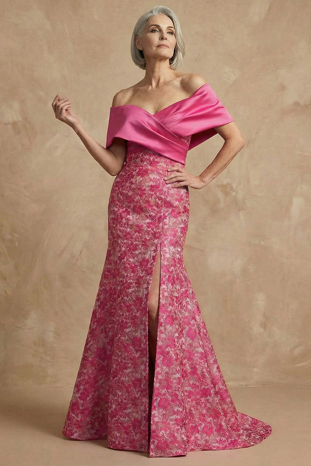 Mermaid Off The Shoulder Fuchsia Jacquard Long Mother of the Bride Dress with Slit