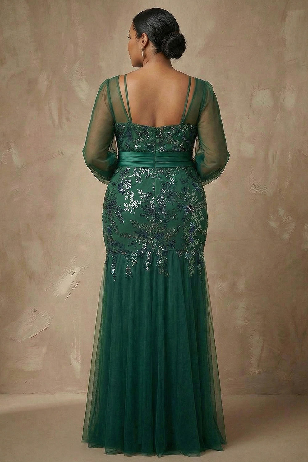 Mermaid V-Neck Sparkly Sequin Dark Green Tulle Long Sleeves Mother of the Bride Dress