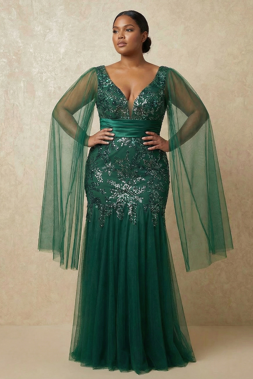 V-Neck Mermaid Sparkly Sequin Dark Green Tulle Long Mother of the Bride Dress with Cape