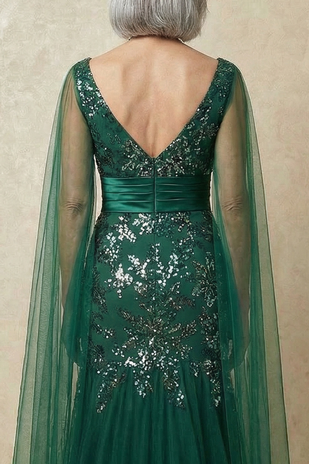 V-Neck Mermaid Sparkly Sequin Dark Green Tulle Long Mother of the Bride Dress with Cape