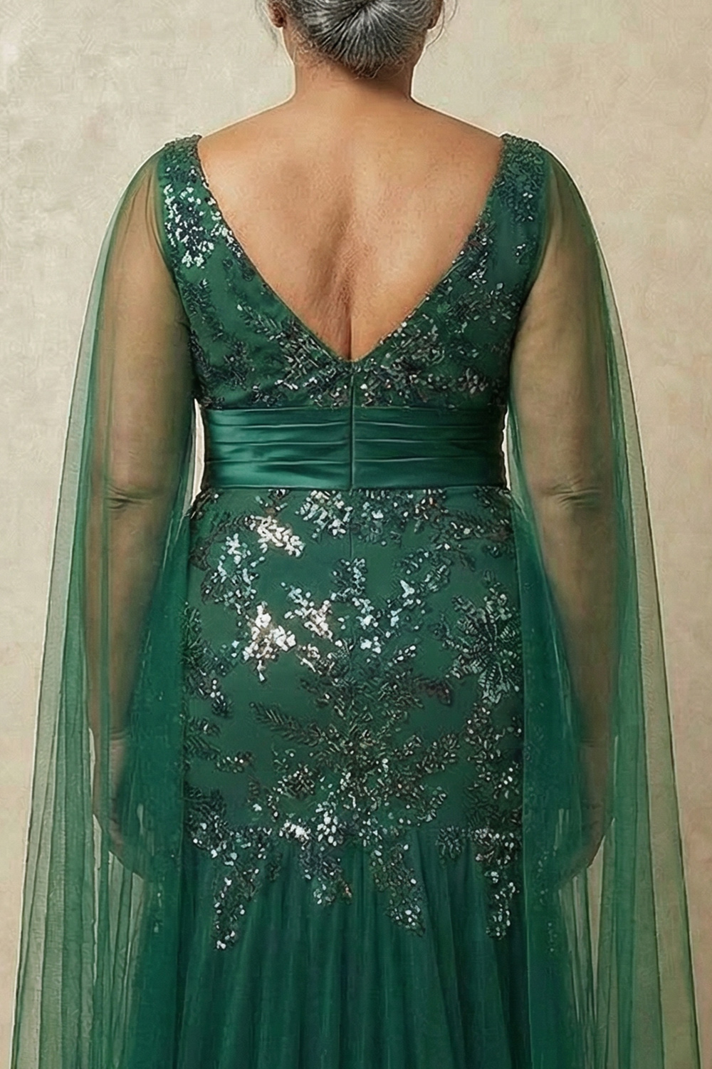 V-Neck Mermaid Sparkly Sequin Dark Green Tulle Long Mother of the Bride Dress with Cape