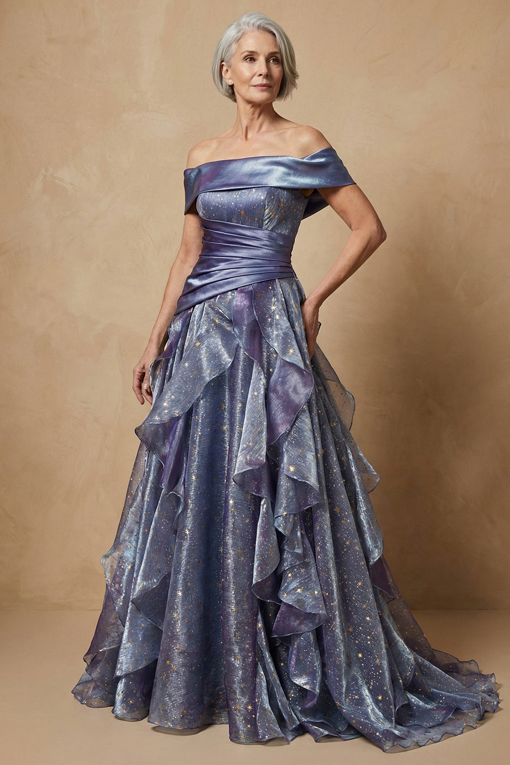 Glitter A Line Off The Shoulder Dusty Blue Printed Long Mother of the Bride Dress with Ruffles