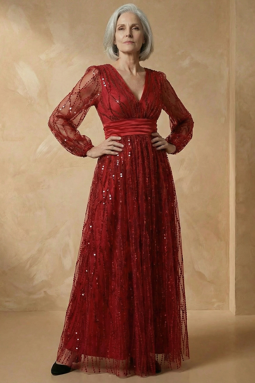 Sparkly Sequins V-Neck A Line Burgundy Long Sleeves Mother of the Bride Dress