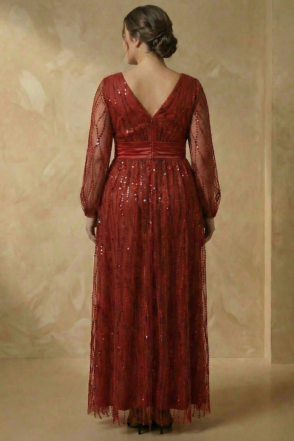 Sparkly Sequins V-Neck A Line Burgundy Long Sleeves Mother of the Bride Dress