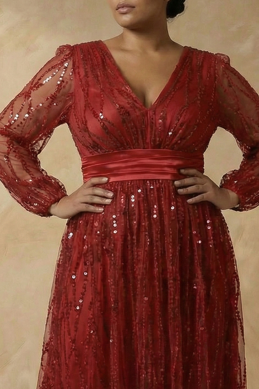 Sparkly Sequins V-Neck A Line Burgundy Long Sleeves Mother of the Bride Dress