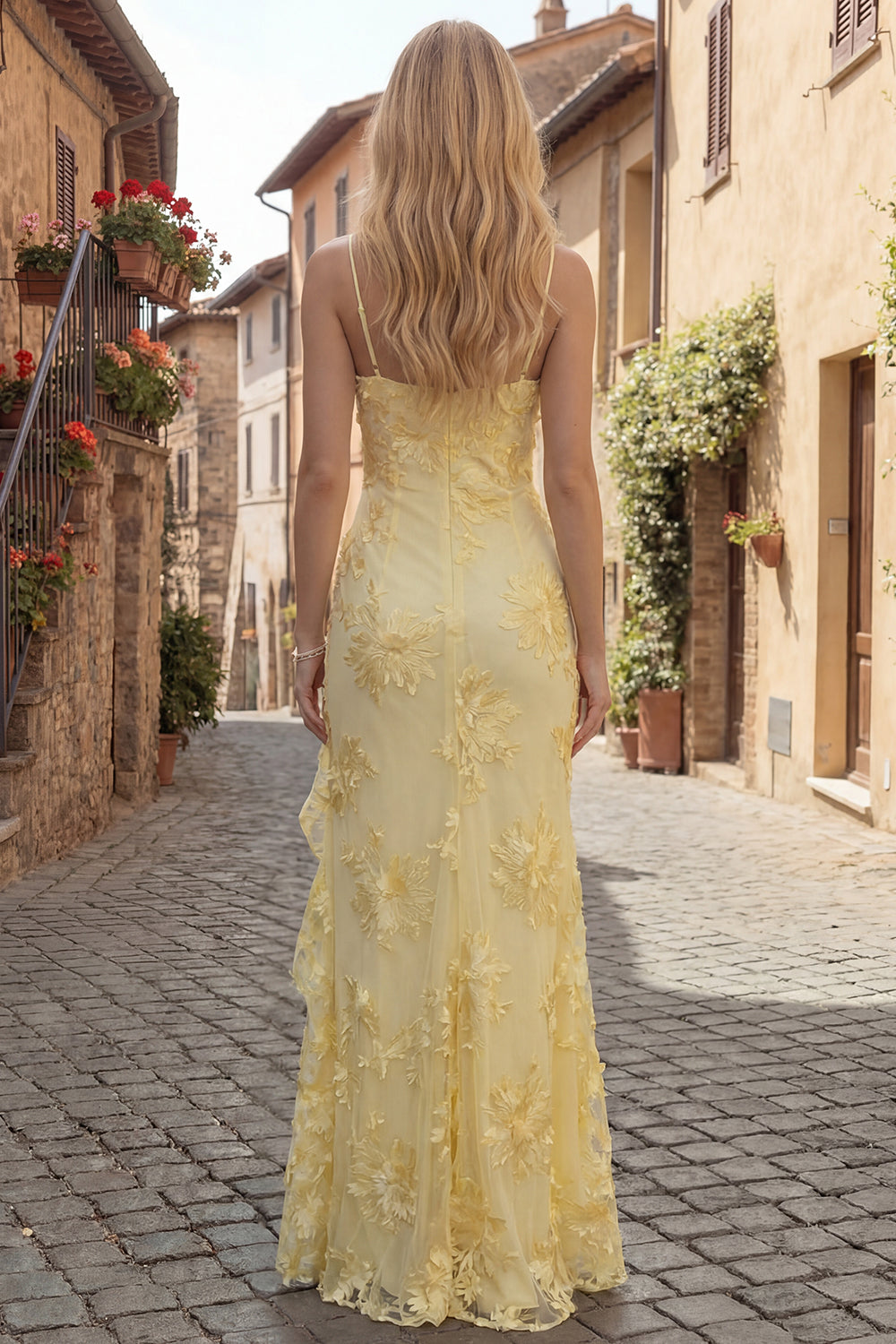 Yellow Spaghetti Straps Long Mermaid Ruffled Floral Prom Dress with Slit