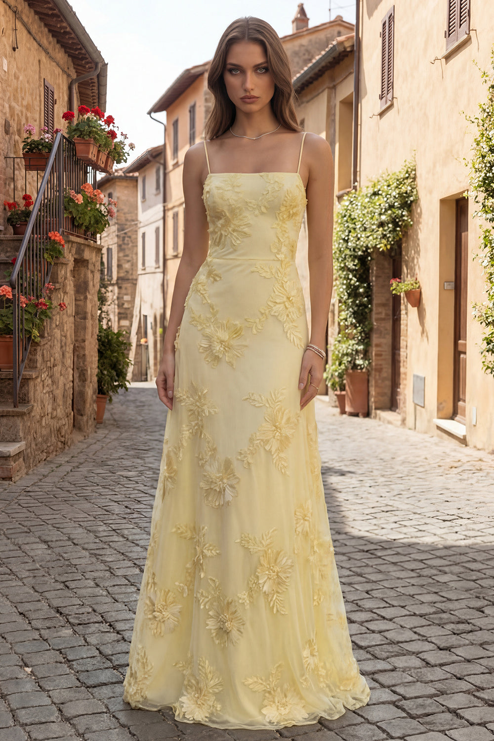 Yellow Spaghetti Straps Long A Line Floral Appliqued Prom Dress
