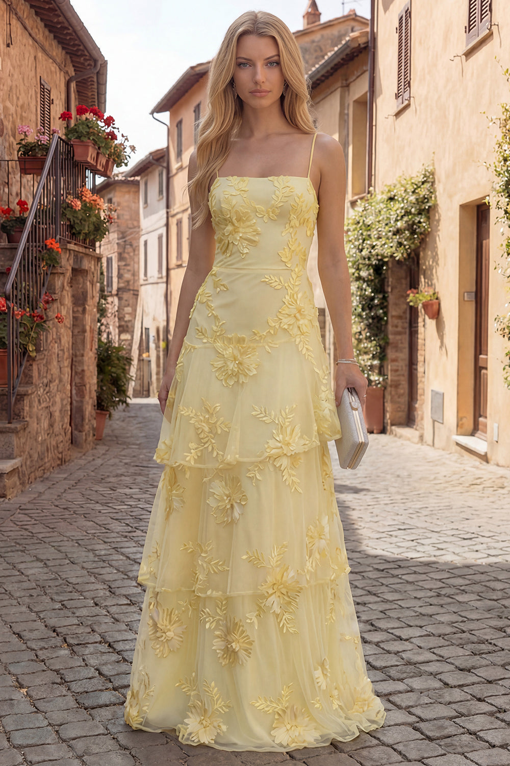 Yellow Tiered Ruffled Spaghetti Straps Floral Long A Line Prom Dress