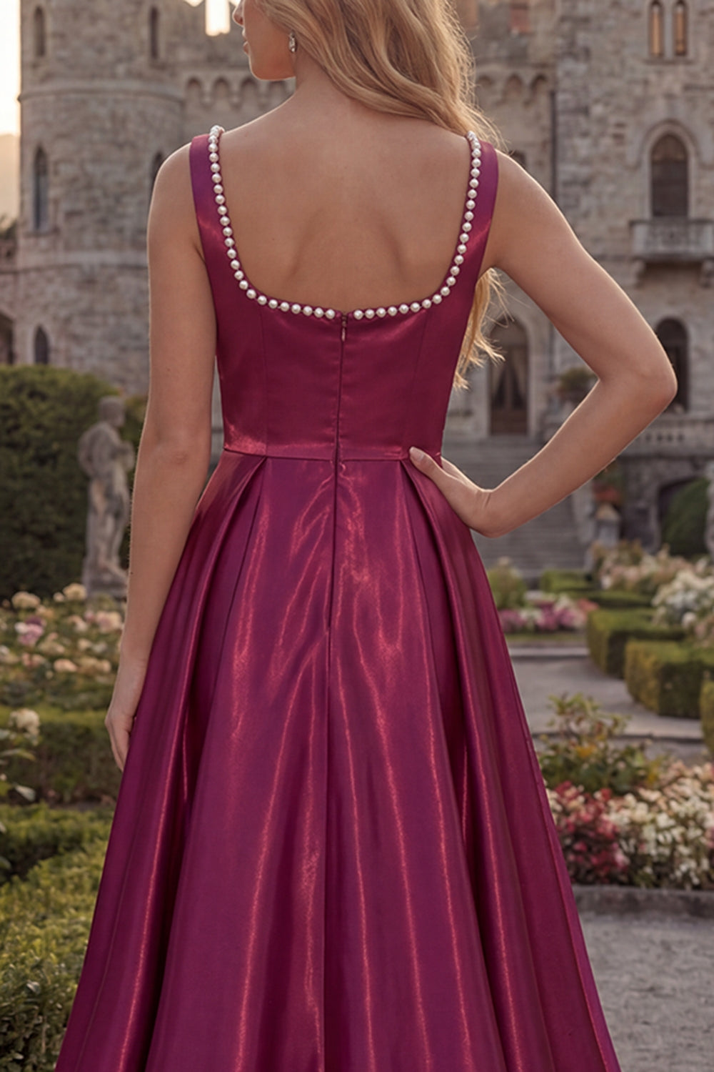 A Line Square Neck Burgundy Pearls Satin Long Prom Dress with Slit