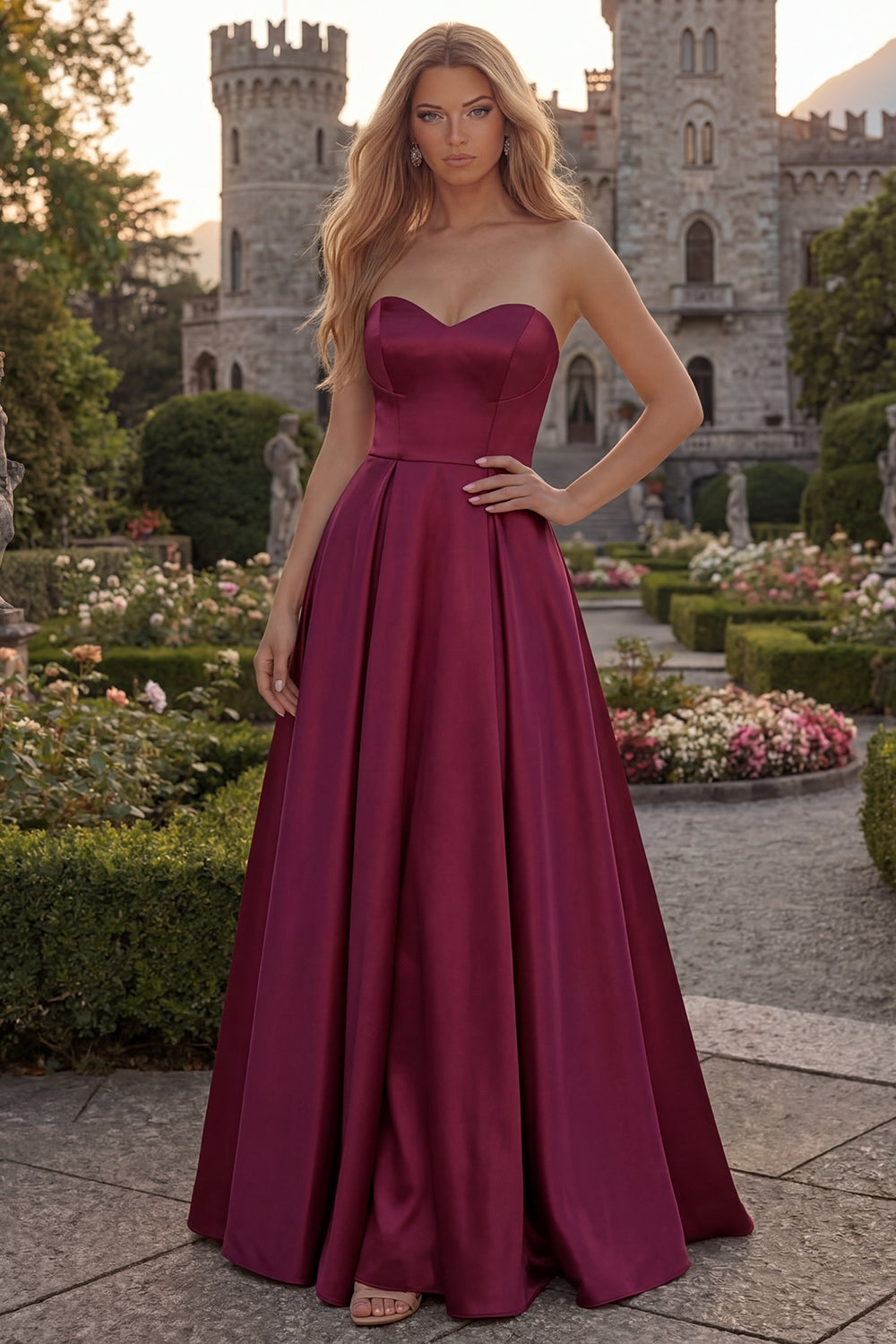 Simple Sweetheart A Line Burgundy Satin Long Prom Dress