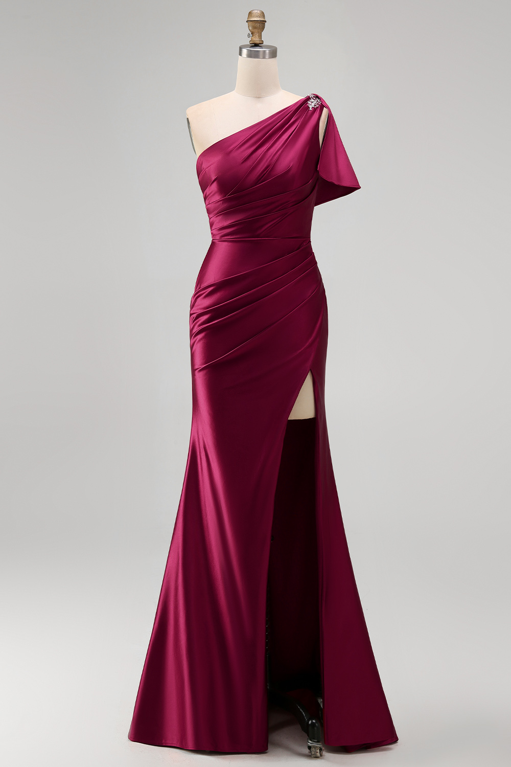 One Shoulder Mermaid Long Burgundy Ruched Satin Prom Dress with Slit