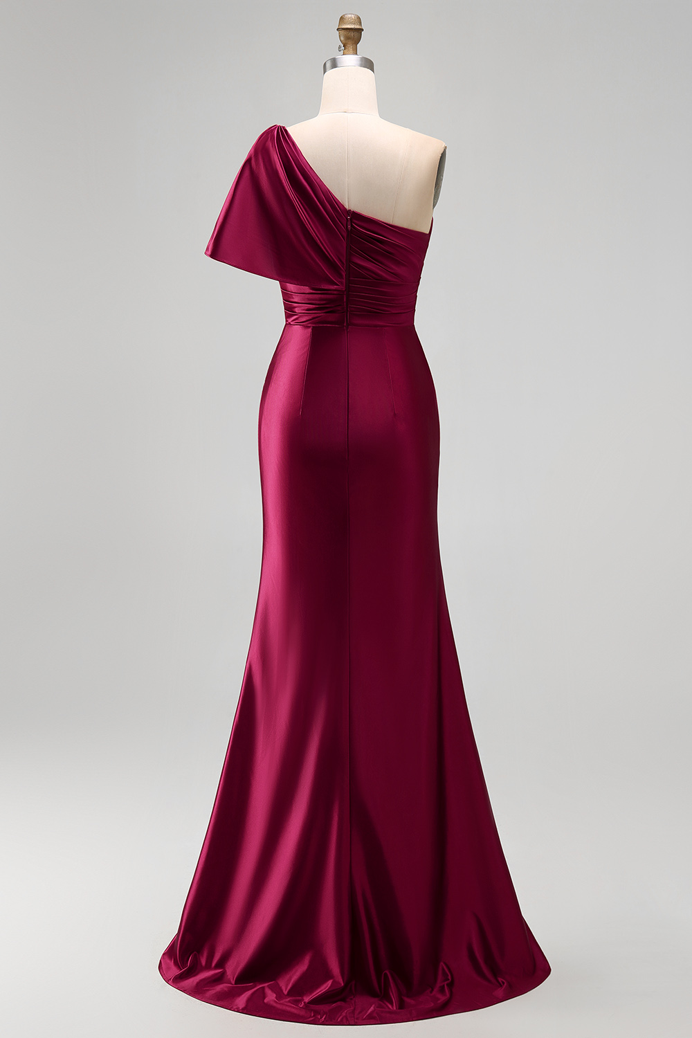 One Shoulder Mermaid Long Burgundy Ruched Satin Prom Dress with Slit