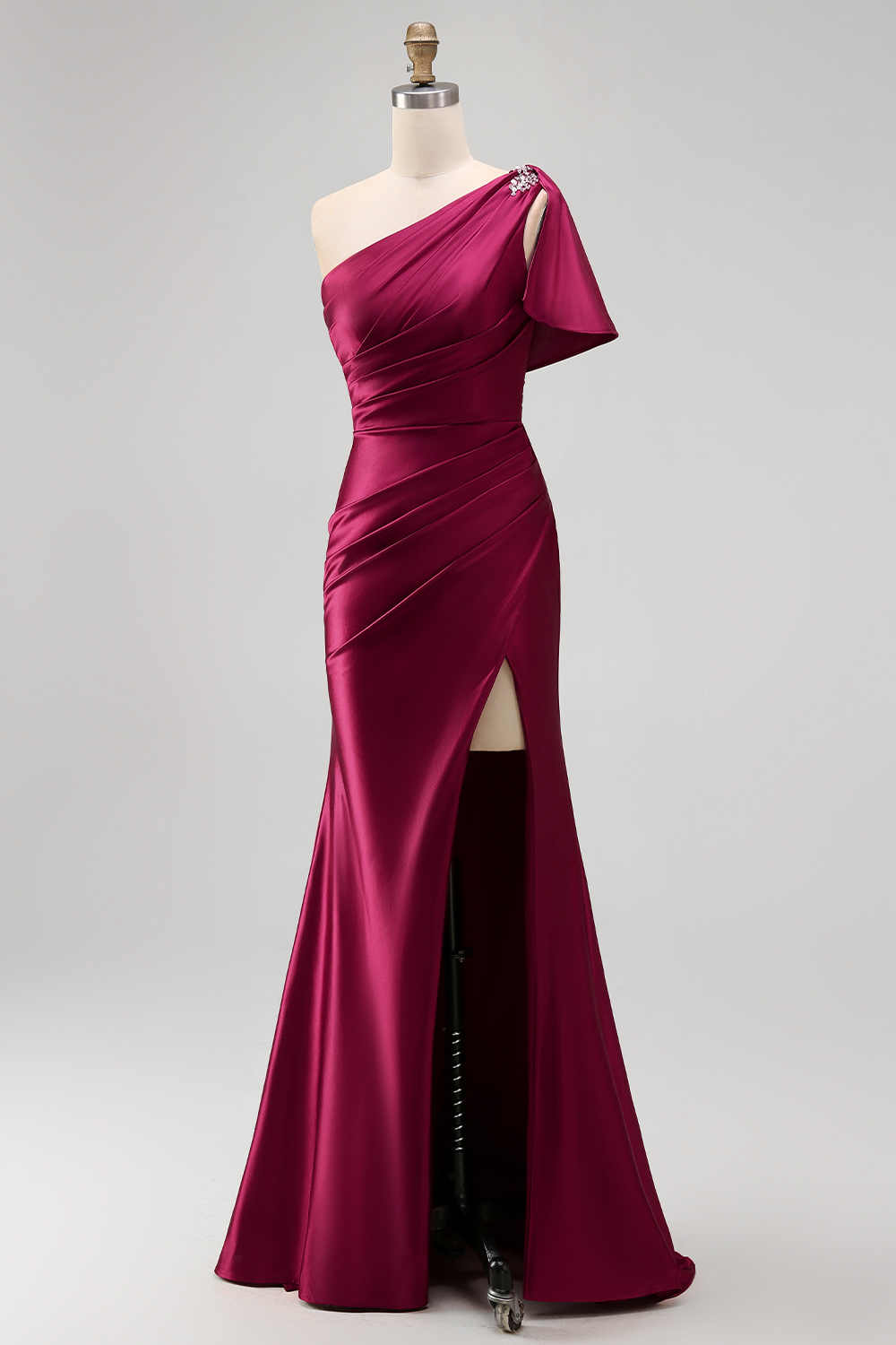 One Shoulder Mermaid Long Burgundy Ruched Satin Prom Dress with Slit