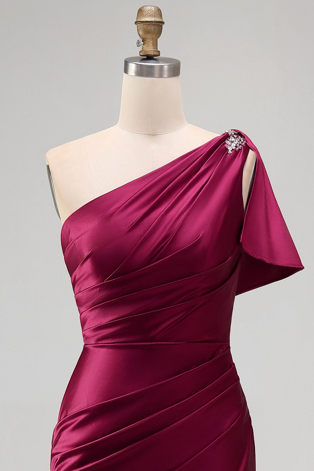 One Shoulder Mermaid Long Burgundy Ruched Satin Prom Dress with Slit