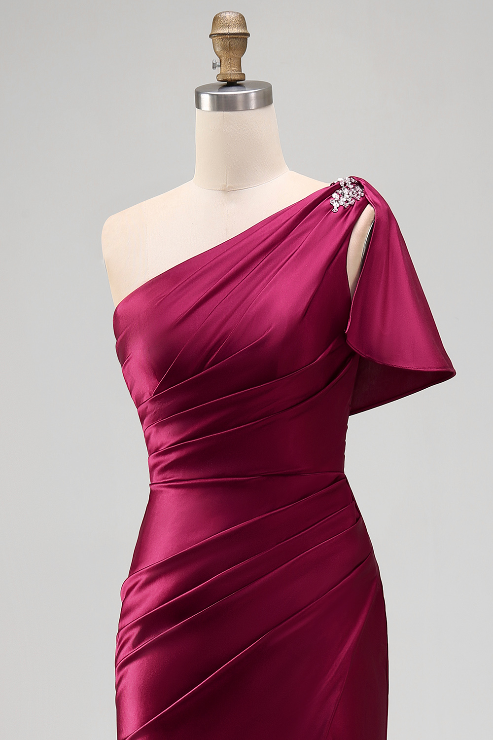One Shoulder Mermaid Long Burgundy Ruched Satin Prom Dress with Slit