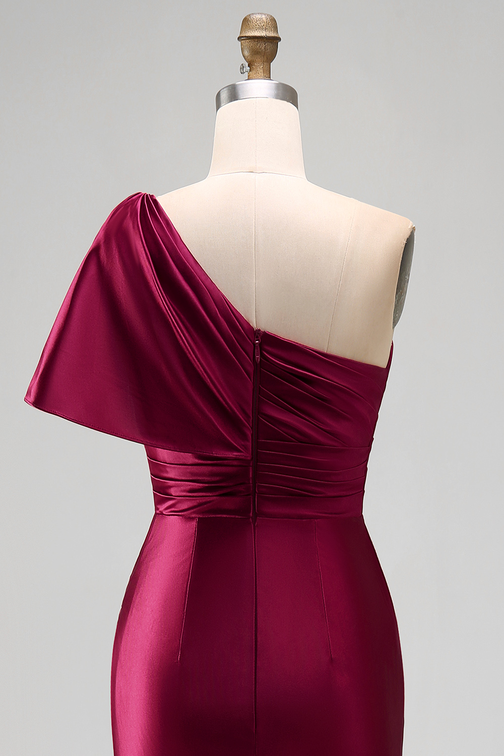 One Shoulder Mermaid Long Burgundy Ruched Satin Prom Dress with Slit