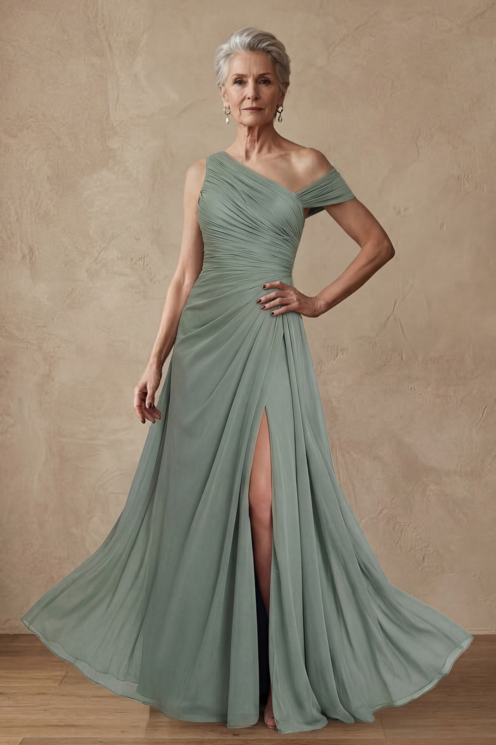 Dusty Sage Long A Line One Shoulder Mother of the Bride or Groom Dress with Slit