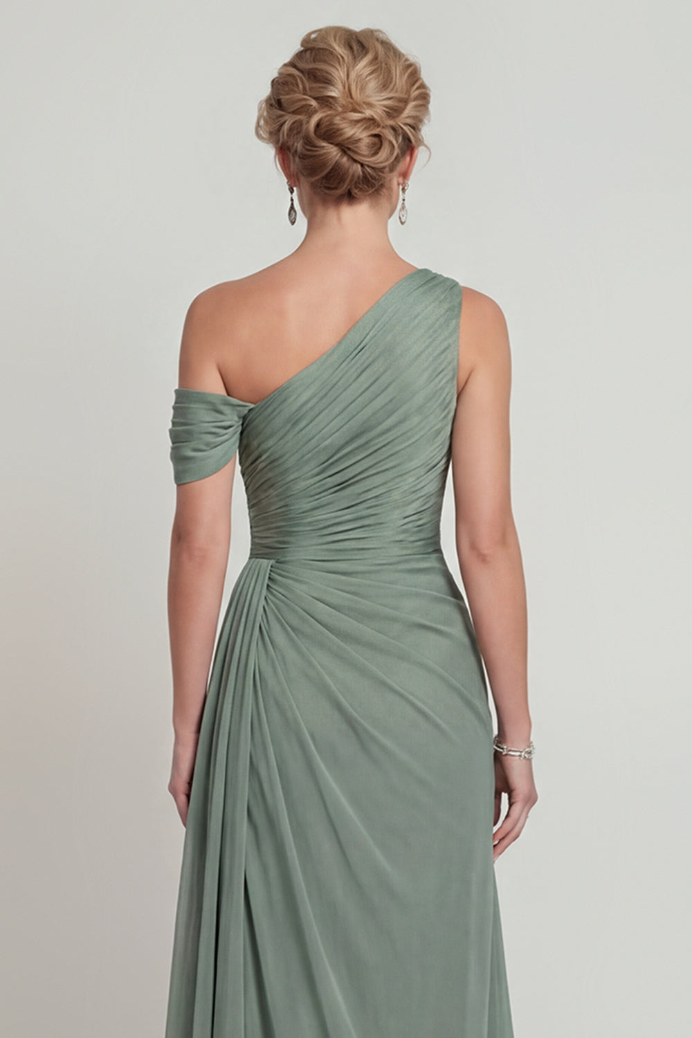 Dusty Sage Long A Line One Shoulder Mother of the Bride or Groom Dress with Slit