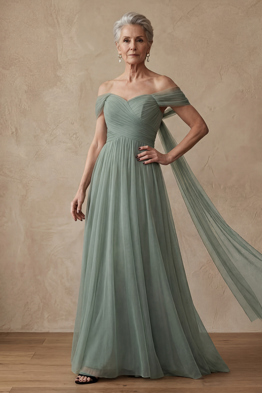 Dusty Sage Long A Line Off the Shoulder Mother of the Bride or Groom Dress