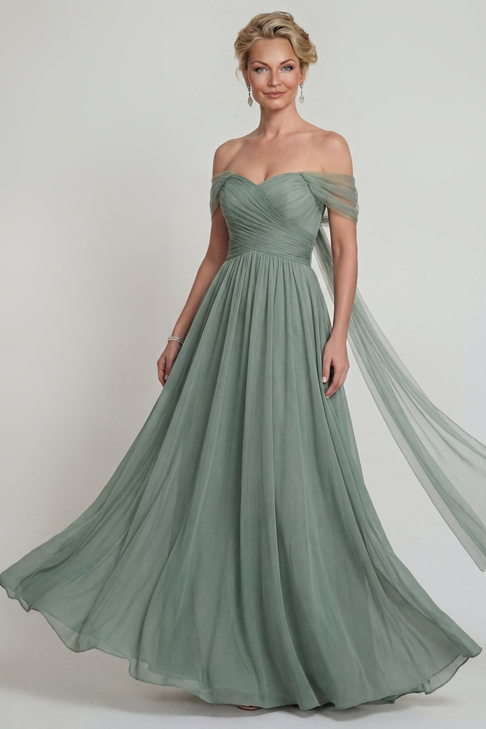 Dusty Sage Long A Line Off the Shoulder Mother of the Bride or Groom Dress